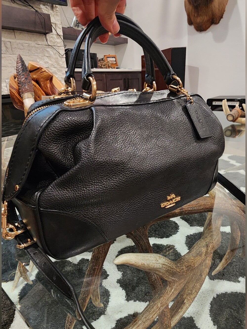 Coach Black Pebbled Leather Satchel with Gold Accents